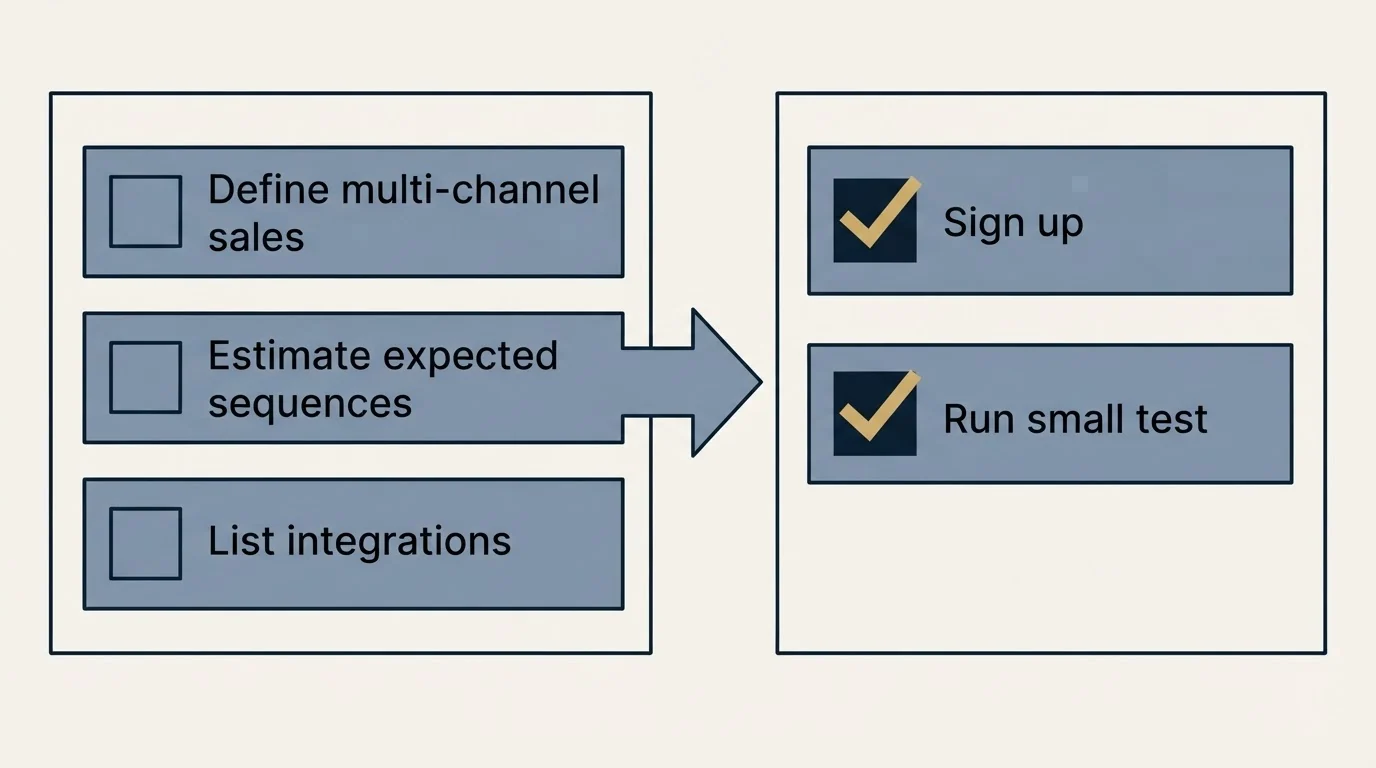 Before-and-after steps: Getting Started Checklist (Define multi-channel sales, Estimate expected sequences, List integrations, Sign up)