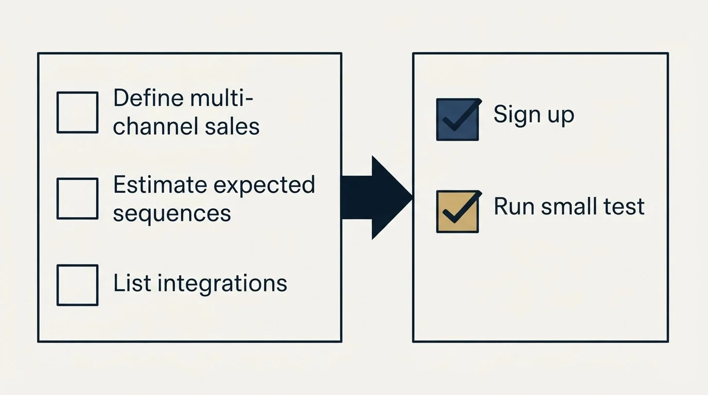 Before-and-after steps: Getting Started Checklist (Define multi-channel sales, Estimate expected sequences, List integrations, Sign up)