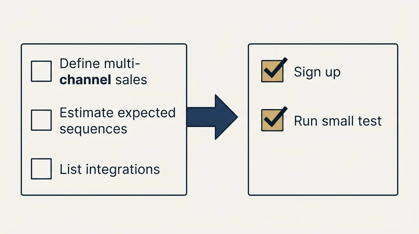 Before-and-after steps: Getting Started Checklist (Define multi-channel sales, Estimate expected sequences, List integrations, Sign up)