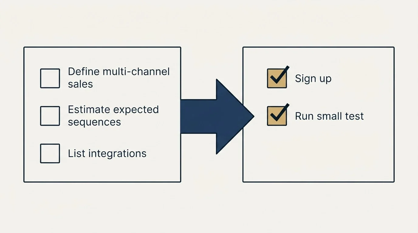 Before-and-after steps: Getting Started Checklist (Define multi-channel sales, Estimate expected sequences, List integrations, Sign up)