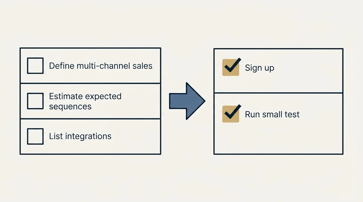 Before-and-after steps: Getting Started Checklist (Define multi-channel sales, Estimate expected sequences, List integrations, Sign up)
