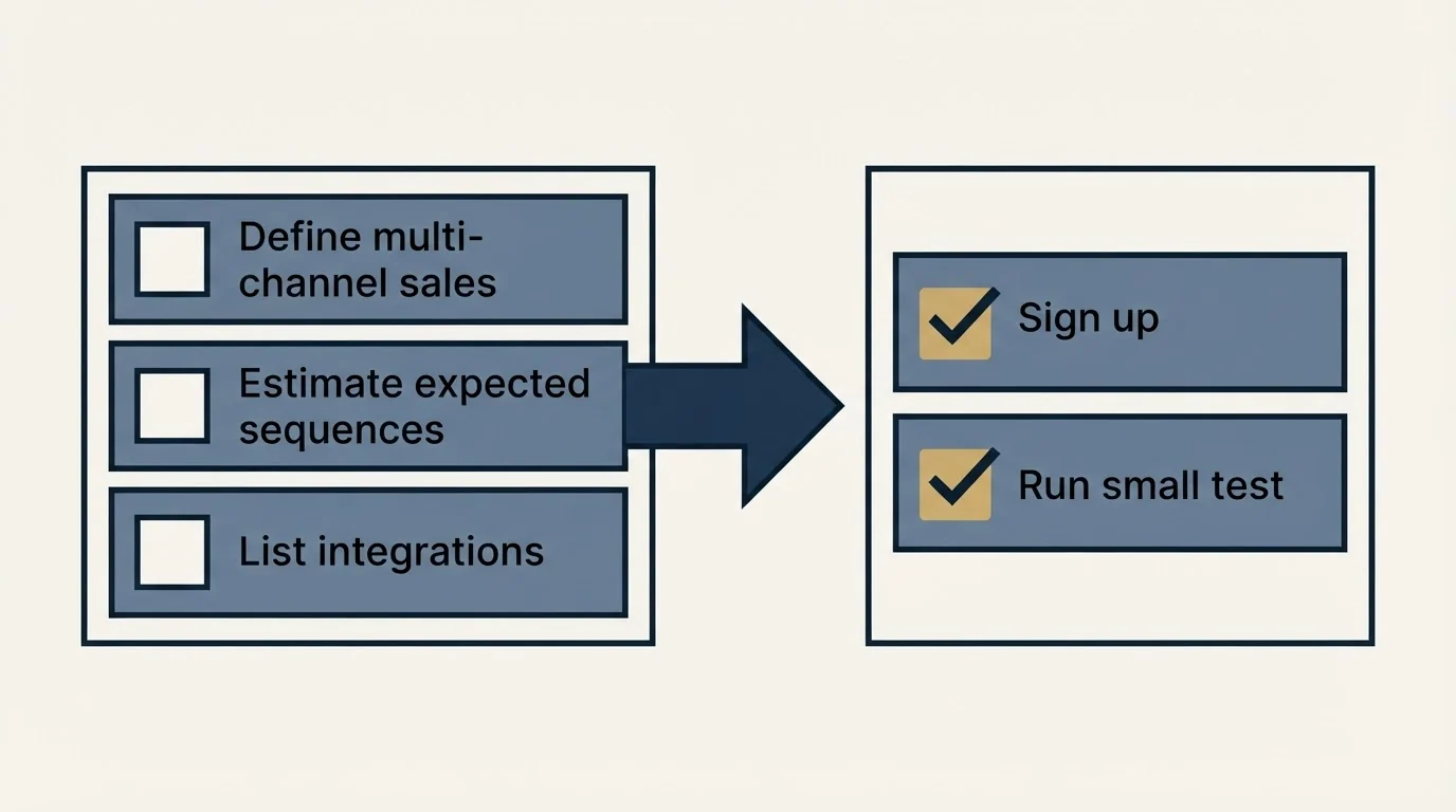 Before-and-after steps: Getting Started Checklist (Define multi-channel sales, Estimate expected sequences, List integrations, Sign up)