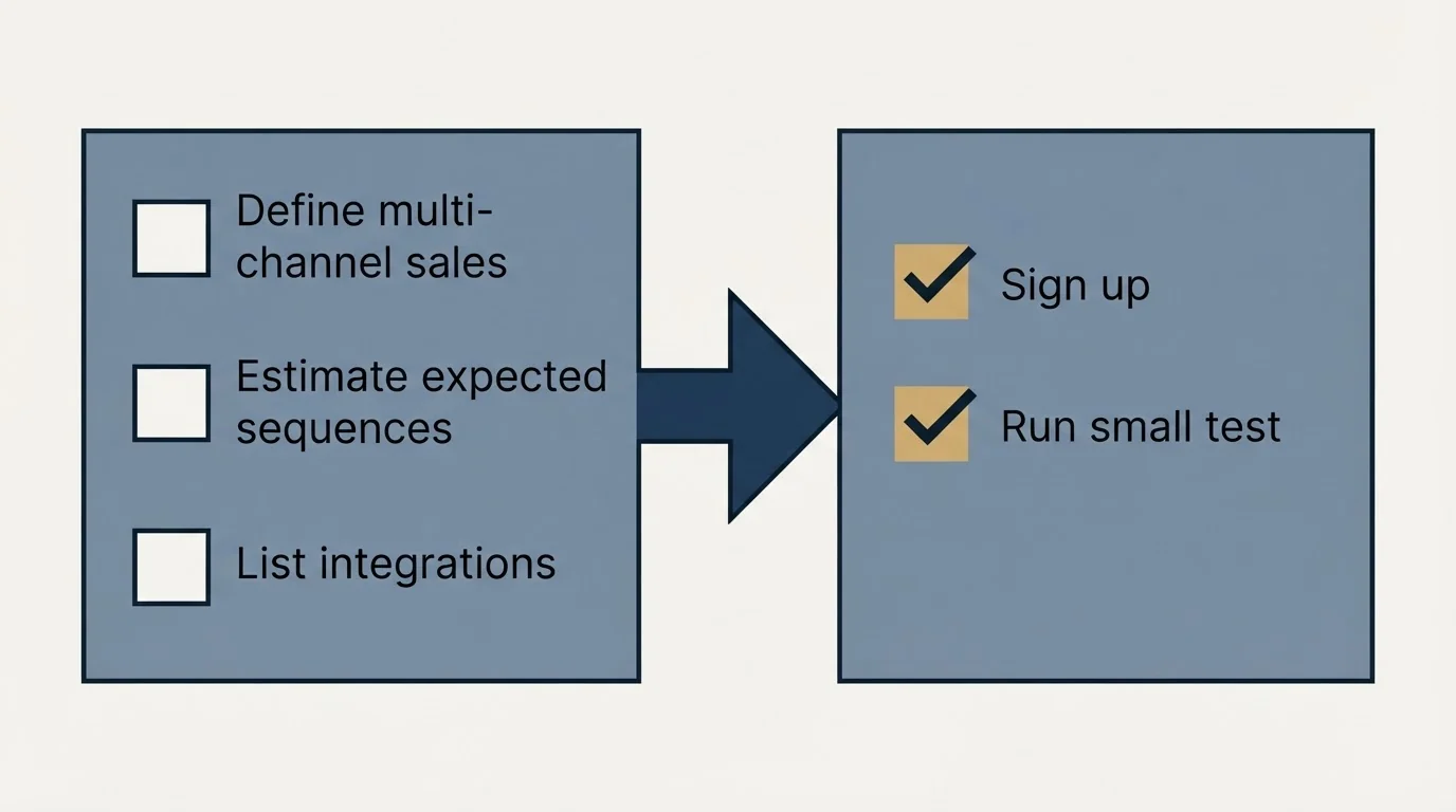 Before-and-after steps: Getting Started Checklist (Define multi-channel sales, Estimate expected sequences, List integrations, Sign up)