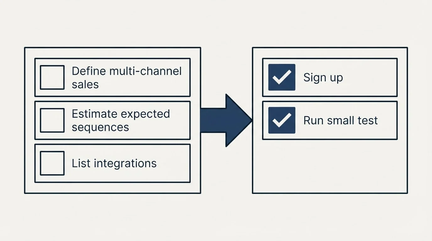 Before-and-after steps: Getting Started Checklist (Define multi-channel sales, Estimate expected sequences, List integrations, Sign up)