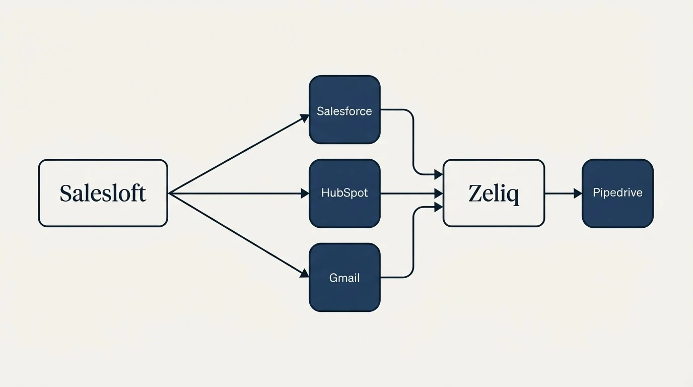 Integration schematic: Integration Ecosystem (Salesloft, Zeliq, Salesforce, HubSpot)