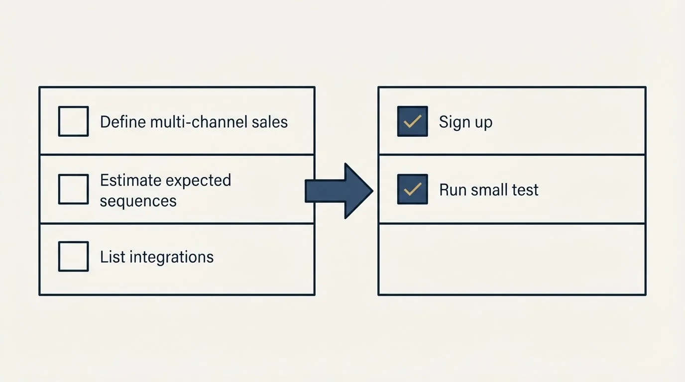 Before-and-after steps: Getting Started Checklist (Define multi-channel sales, Estimate expected sequences, List integrations, Sign up)