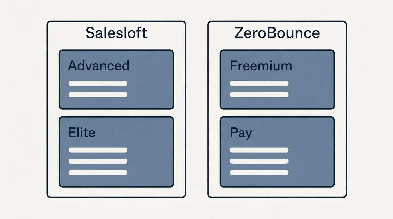Pricing panels: Pricing Comparison (Salesloft, ZeroBounce, Advanced, Freemium)