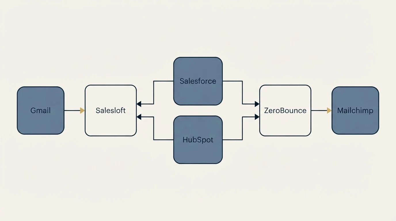 Integration schematic: Integration Ecosystem (Salesloft, ZeroBounce, Salesforce, HubSpot)
