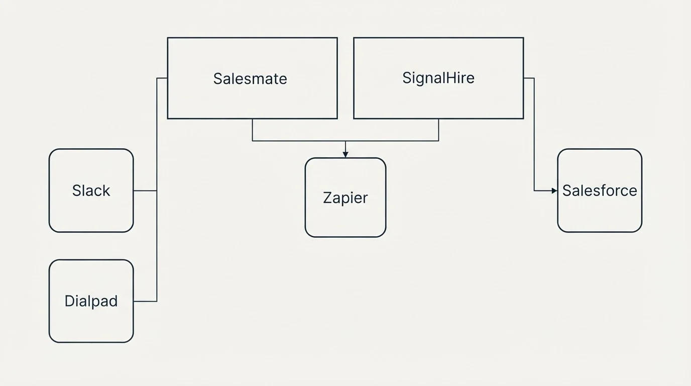 Integration grid: Integration Ecosystem (Salesmate, SignalHire, Zapier, Slack)