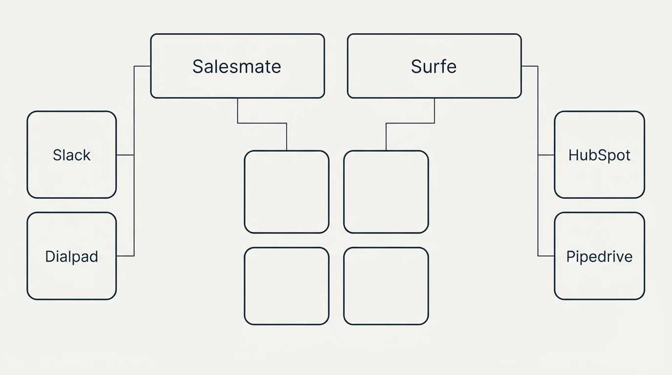 Integration grid: Integration Ecosystem (Salesmate, Surfe, Slack, HubSpot)
