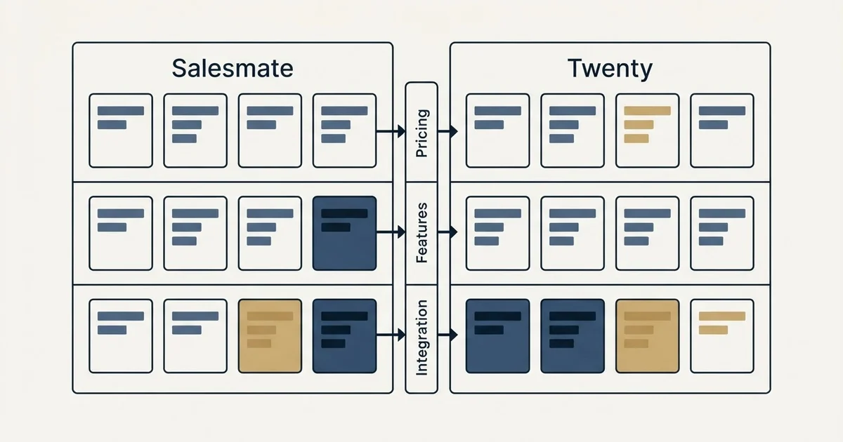 Comparison panel: Salesmate vs Twenty (Pricing, Features, Integration)