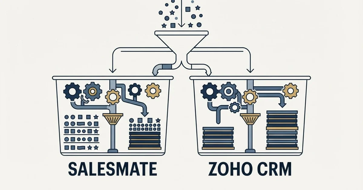 Editorial illustration for Salesmate vs Zoho CRM