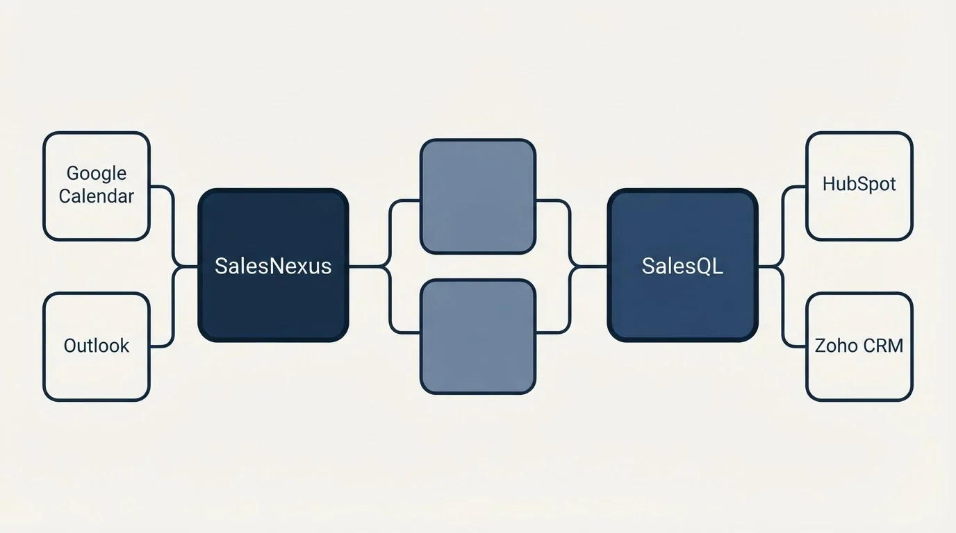 Integration schematic: Integration Ecosystem (SalesNexus, SalesQL, Google Calendar, HubSpot)