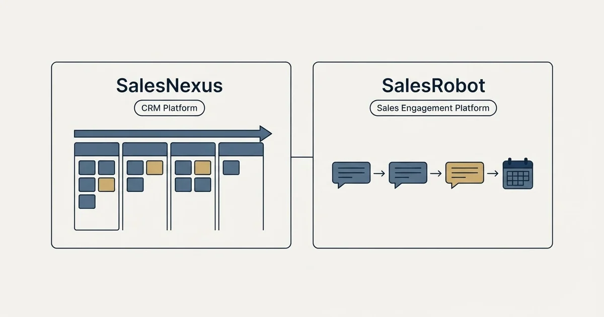 Side-by-side panels: SalesNexus vs SalesRobot (CRM Platform, Sales Engagement Platform)