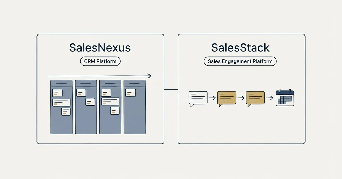 Side-by-side panels: SalesNexus vs SalesStack (CRM Platform, Sales Engagement Platform)