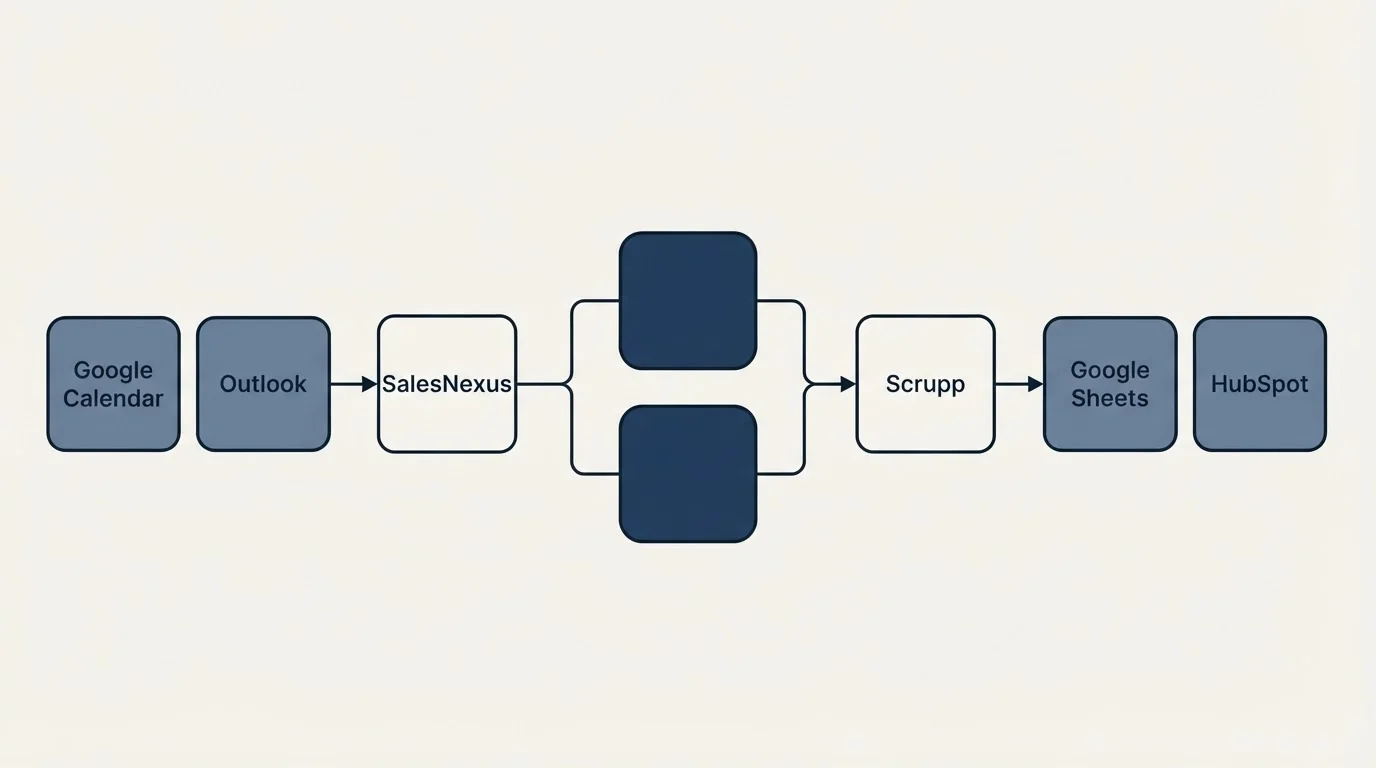 Integration schematic: Integration Ecosystem (SalesNexus, Scrupp, Google Calendar, Google Sheets)