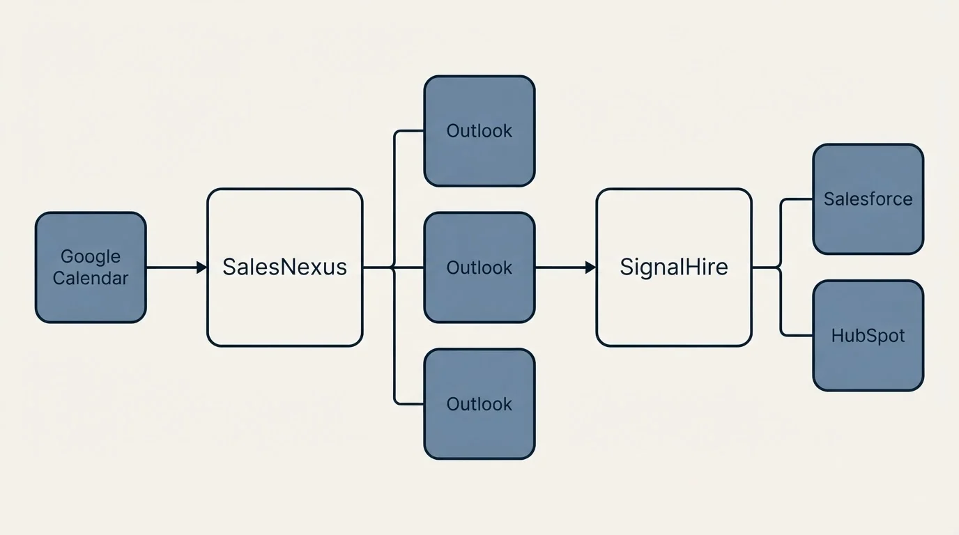 Integration flow: Integration Ecosystem (SalesNexus, SignalHire, Outlook, Google Calendar)