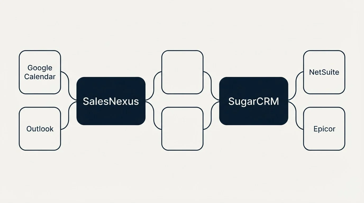 Integration schematic: Integration Ecosystem (SalesNexus, SugarCRM, Google Calendar, NetSuite)
