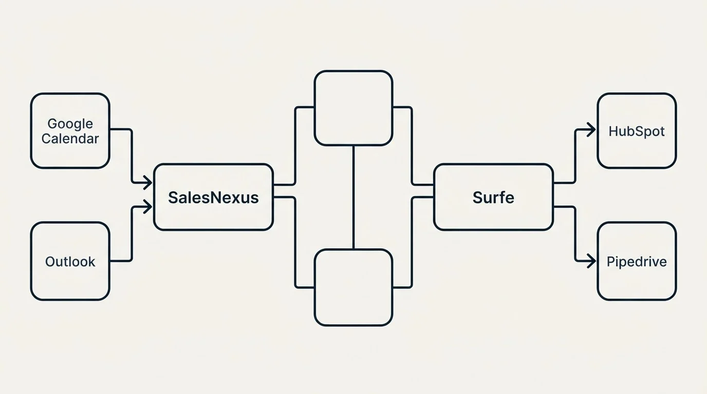 Integration flow: Integration Ecosystem (SalesNexus, Surfe, Google Calendar, HubSpot)