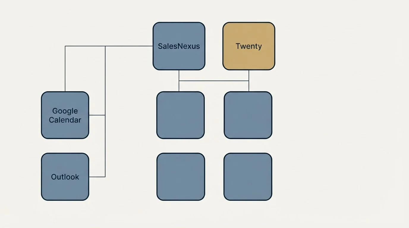 Integration grid: Integration Ecosystem (SalesNexus, Twenty, Google Calendar, Outlook)