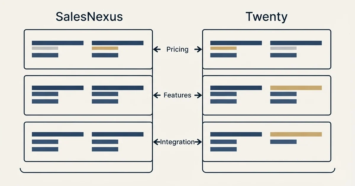 Comparison panel: SalesNexus vs Twenty (Pricing, Features, Integration)
