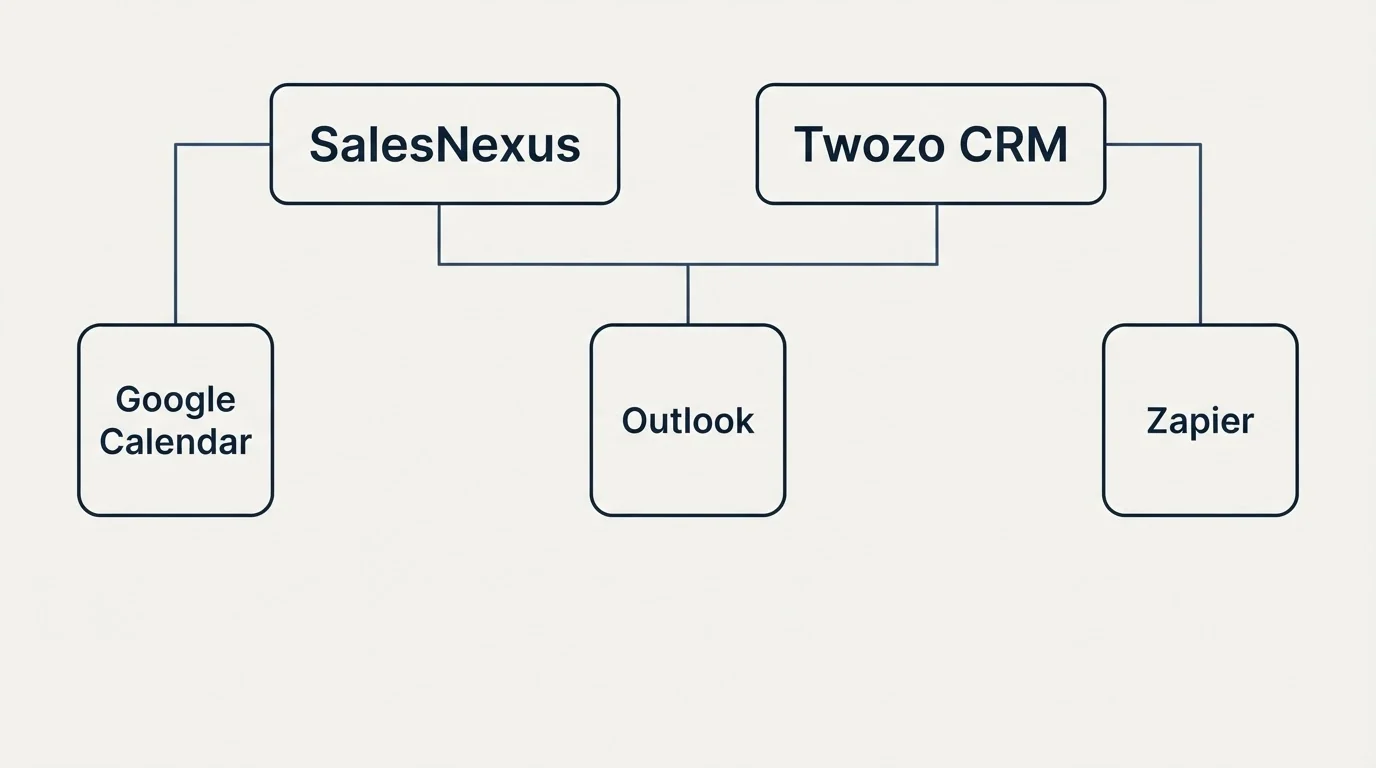 Integration grid: Integration Ecosystem (SalesNexus, Twozo CRM, Outlook, Google Calendar)