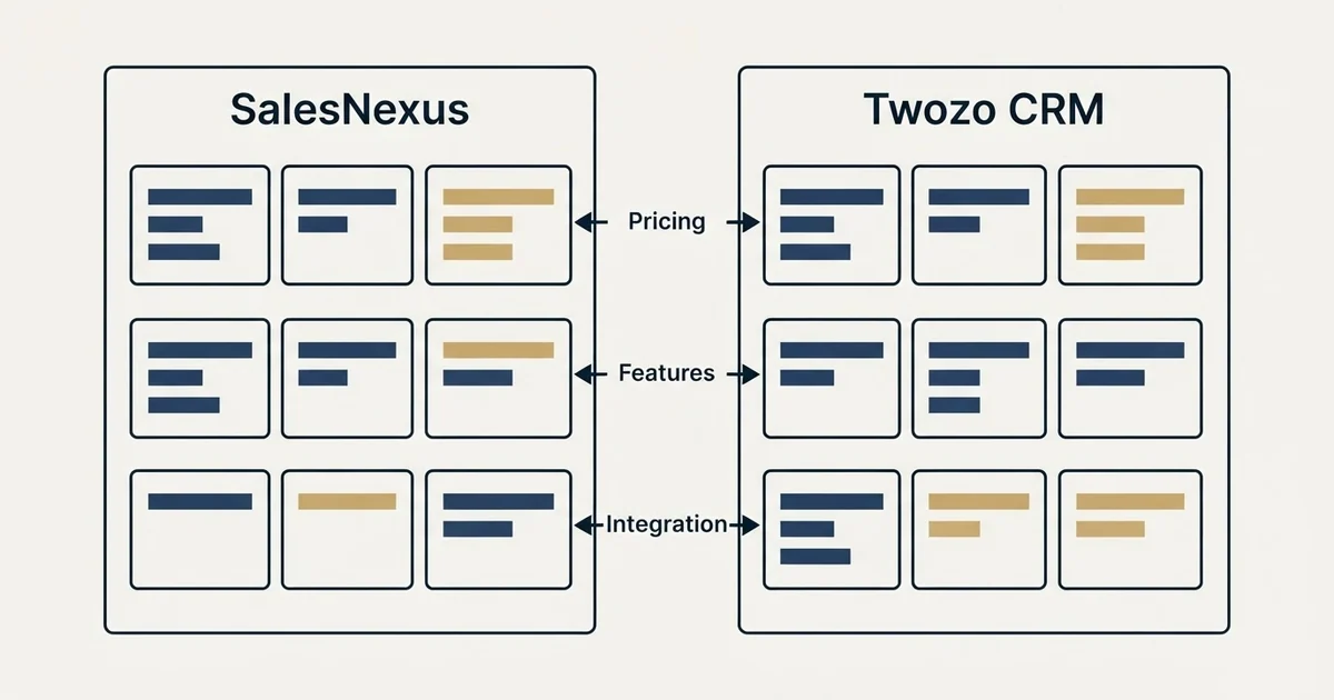 Comparison panel: SalesNexus vs Twozo CRM (Pricing, Features, Integration)
