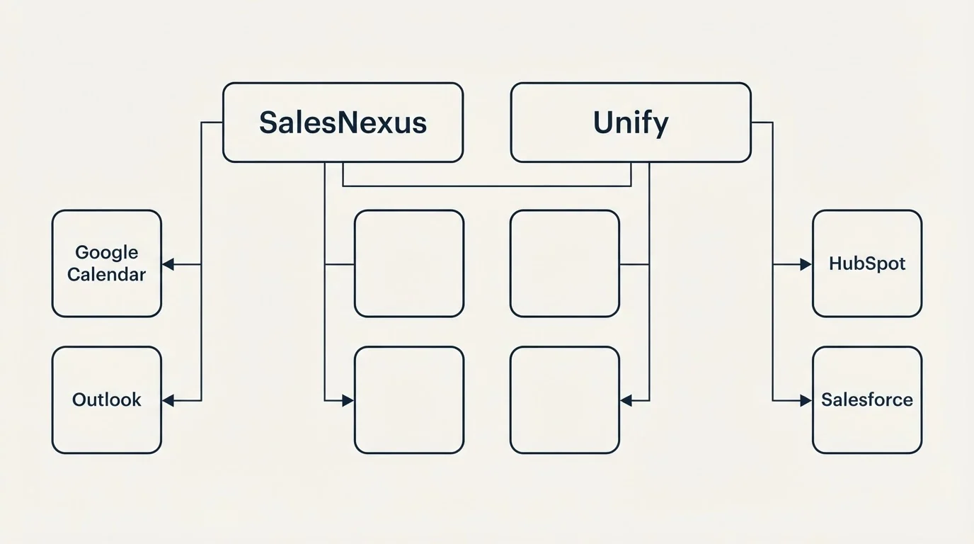 Integration grid: Integration Ecosystem (SalesNexus, Unify, Google Calendar, HubSpot)