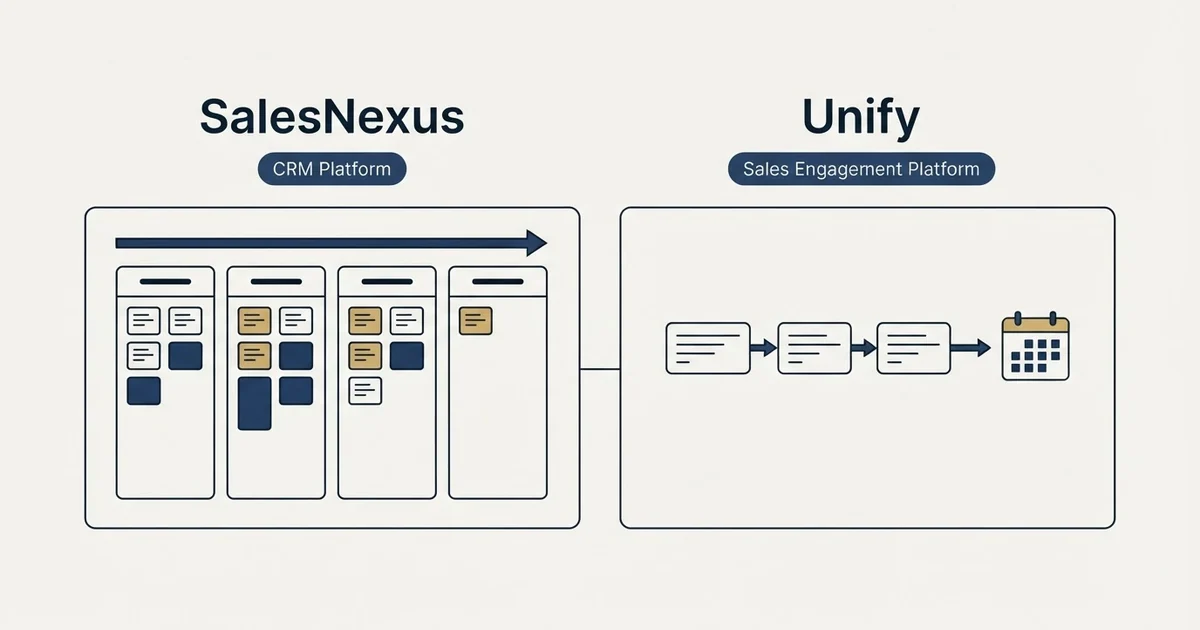 Side-by-side panels: SalesNexus vs Unify (CRM Platform, Sales Engagement Platform)
