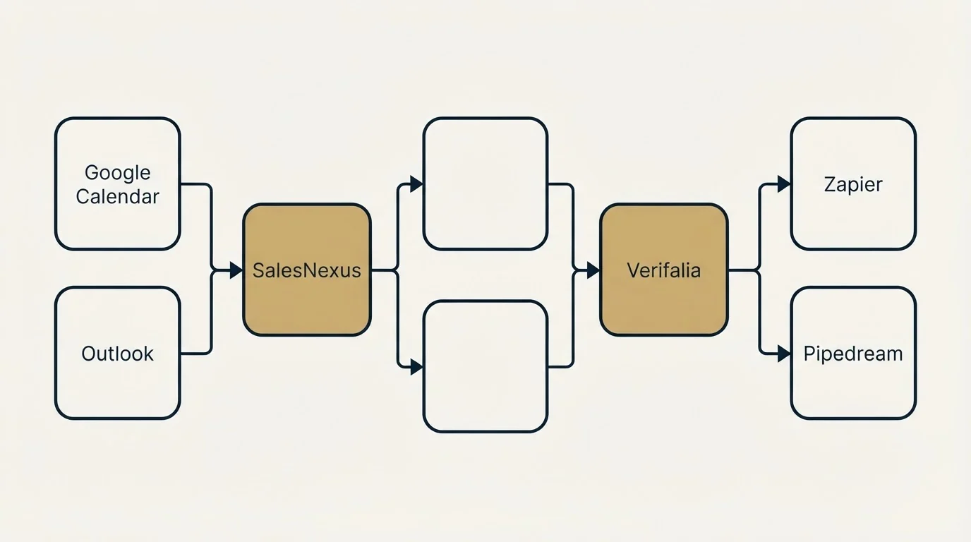 Integration flow: Integration Ecosystem (SalesNexus, Verifalia, Google Calendar, Zapier)