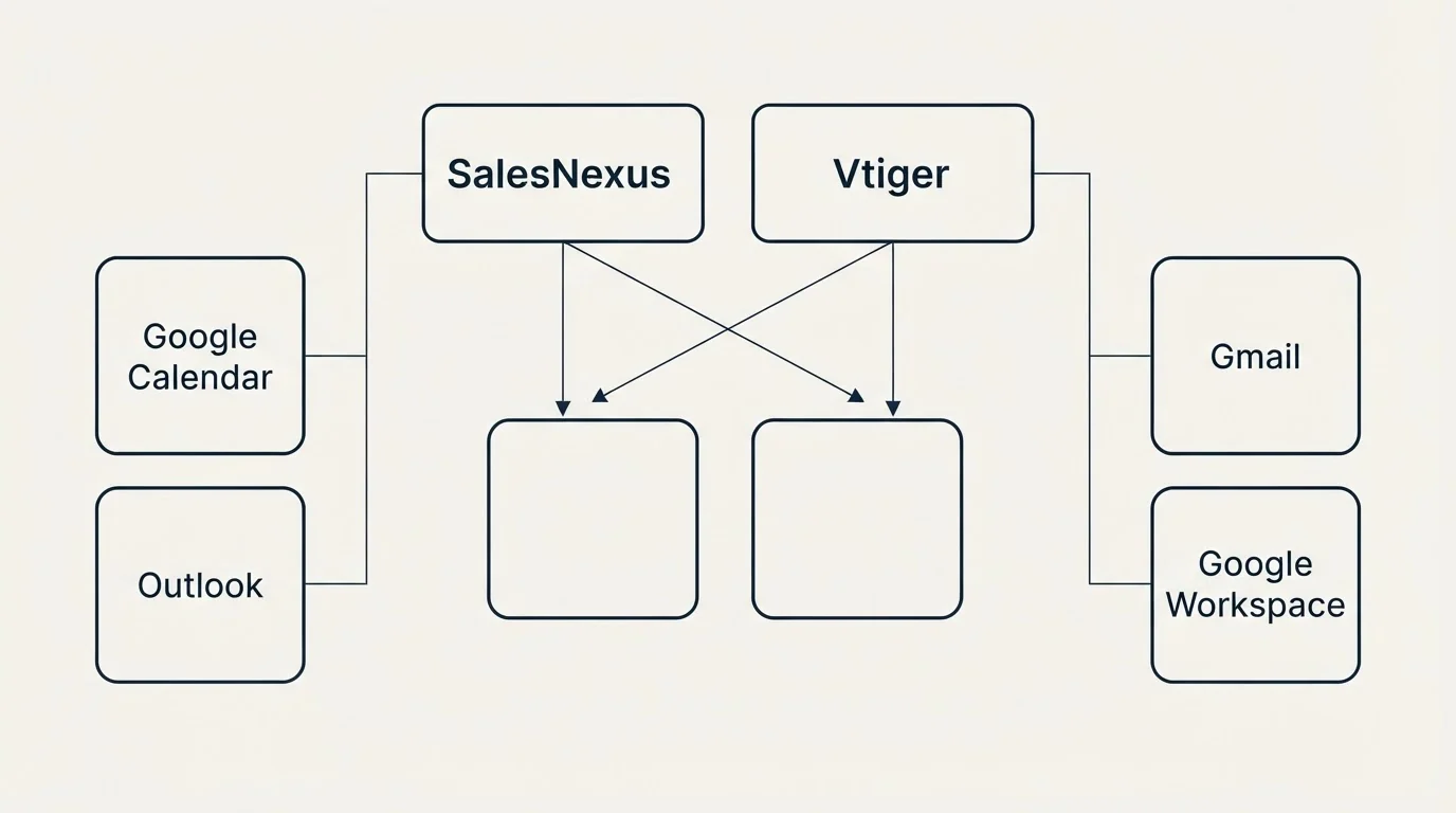 Integration grid: Integration Ecosystem (SalesNexus, Vtiger, Google Calendar, Gmail)