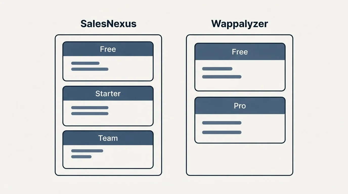 Pricing panels: Pricing Comparison (SalesNexus, Wappalyzer, Free, Starter)