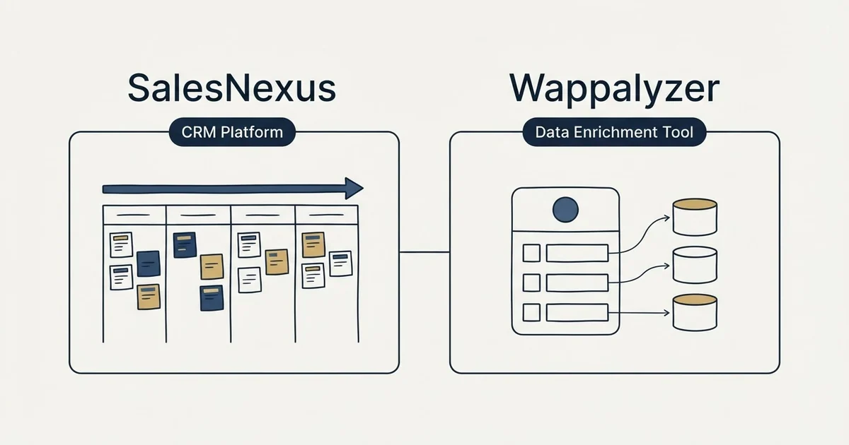 Side-by-side panels: SalesNexus vs Wappalyzer (CRM Platform, Data Enrichment Tool)