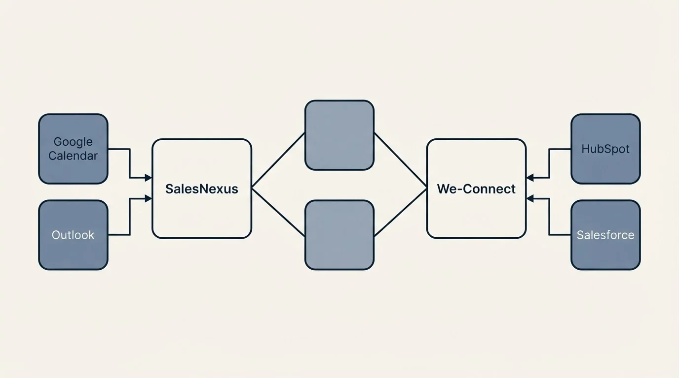 Integration schematic: Integration Ecosystem (SalesNexus, We-Connect, Google Calendar, HubSpot)