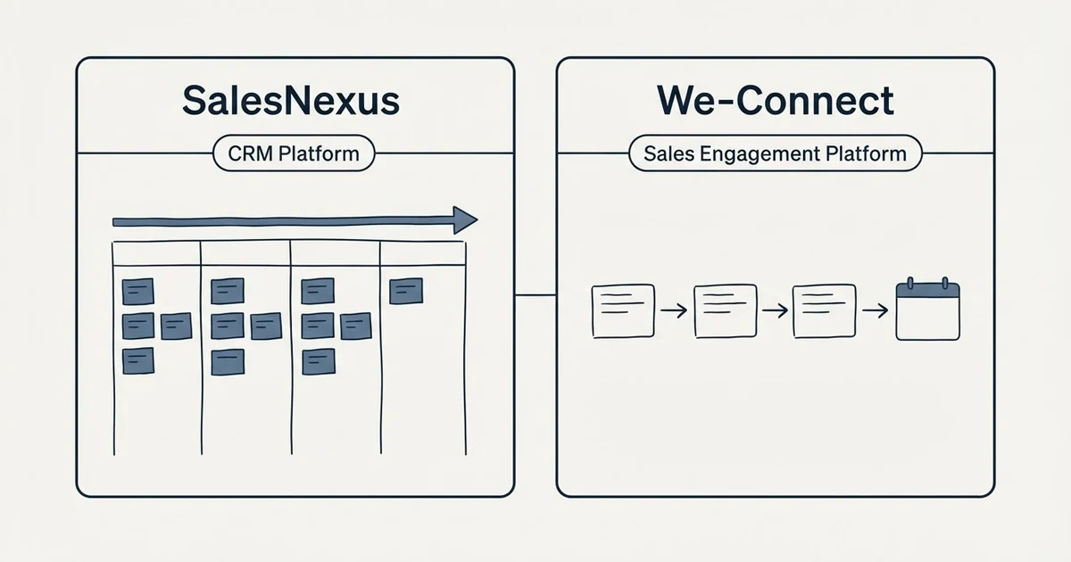 Side-by-side panels: SalesNexus vs We-Connect (CRM Platform, Sales Engagement Platform)