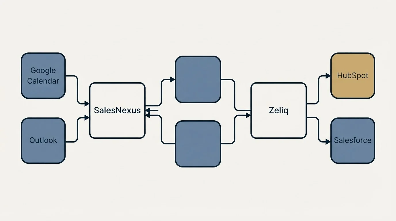 Integration schematic: Integration Ecosystem (SalesNexus, Zeliq, Google Calendar, HubSpot)