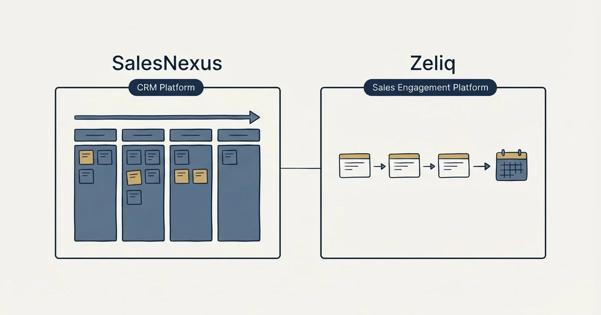 Side-by-side panels: SalesNexus vs Zeliq (CRM Platform, Sales Engagement Platform)