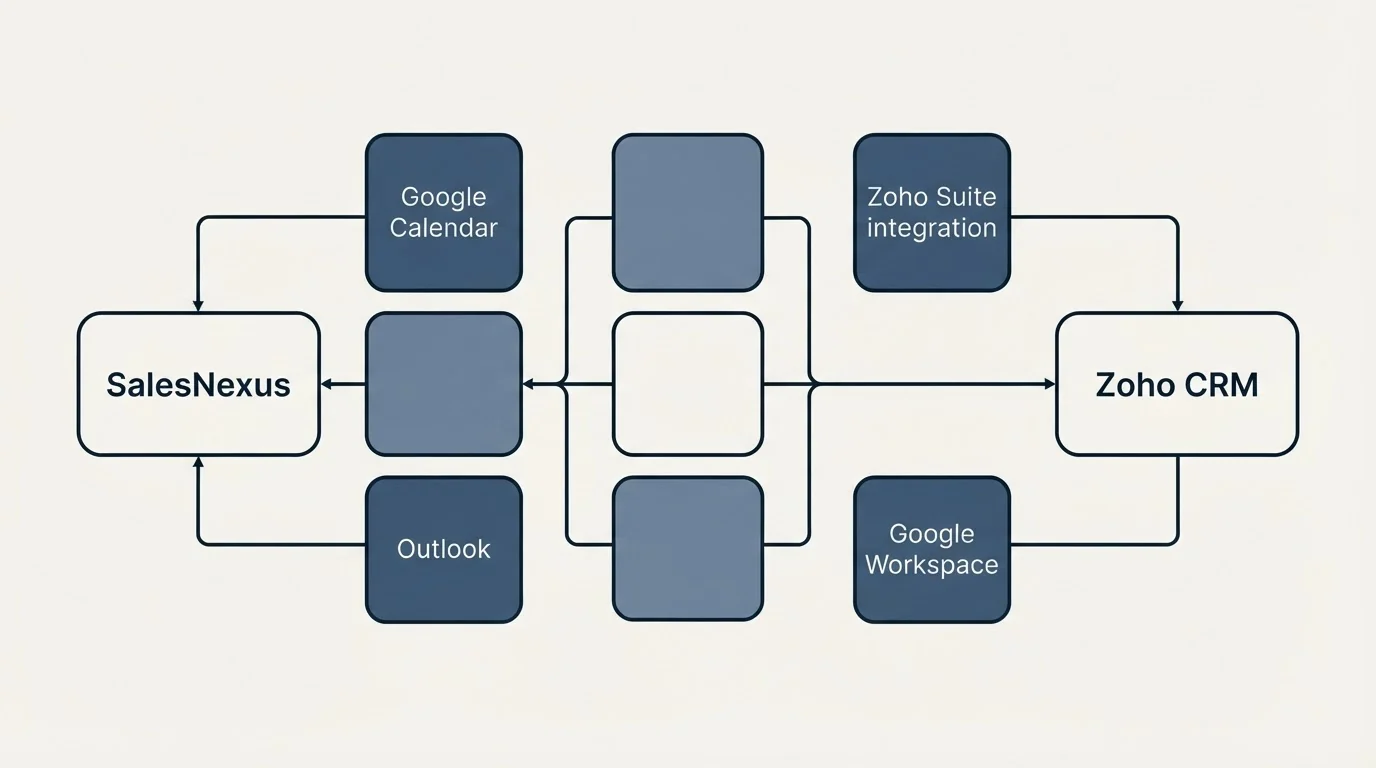Integration flow: Integration Ecosystem (SalesNexus, Zoho CRM, Google Calendar, Zoho Suite integration)