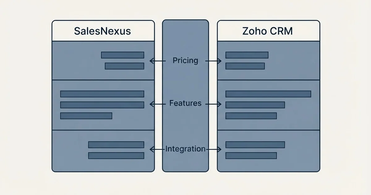 Comparison panel: SalesNexus vs Zoho CRM (Pricing, Features, Integration)