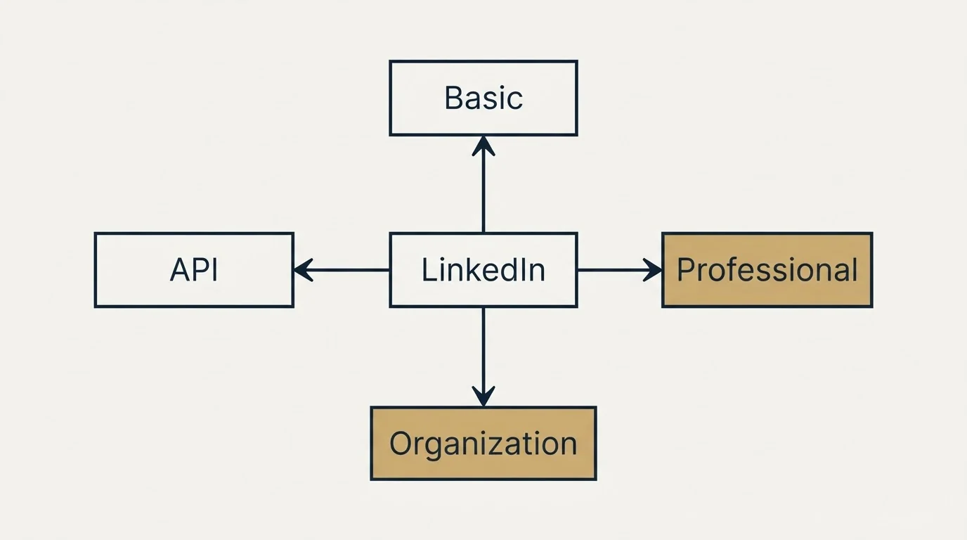 Schematic: What a credit buys (LinkedIn, Basic, Professional, Organization)
