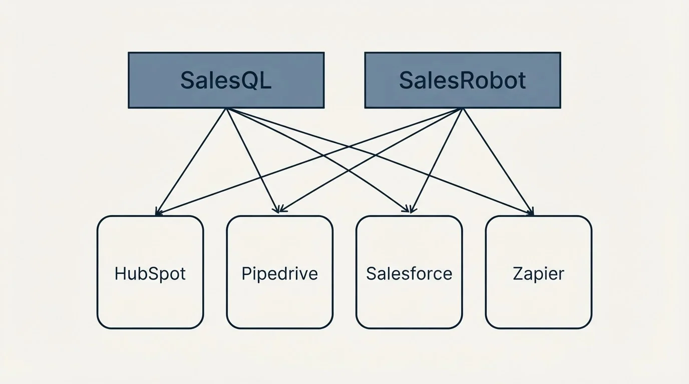 Integration grid: Integration Ecosystem (SalesQL, SalesRobot, HubSpot, Pipedrive)