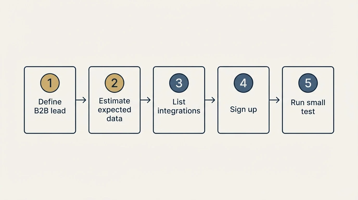 Step sequence: Getting Started Checklist (Define B2B lead, Estimate expected data, List integrations, Sign up)