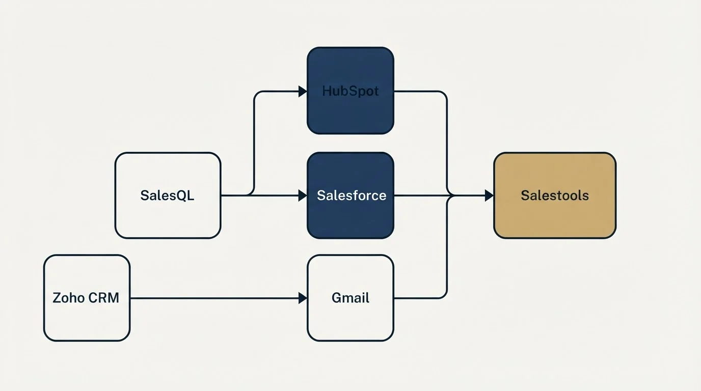 Integration flow: Integration Ecosystem (SalesQL, Salestools, HubSpot, Salesforce)