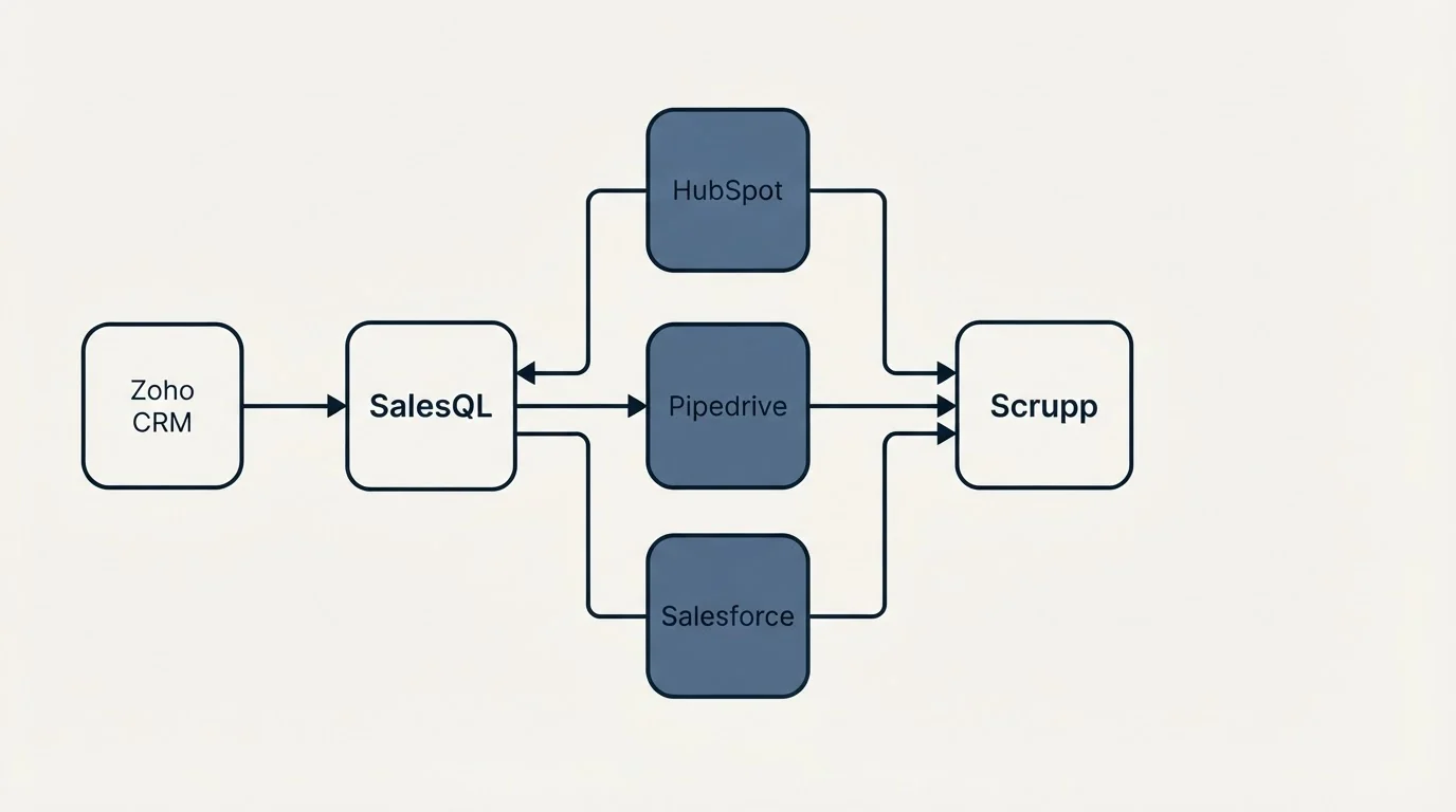 Integration flow: Integration Ecosystem (SalesQL, Scrupp, HubSpot, Pipedrive)