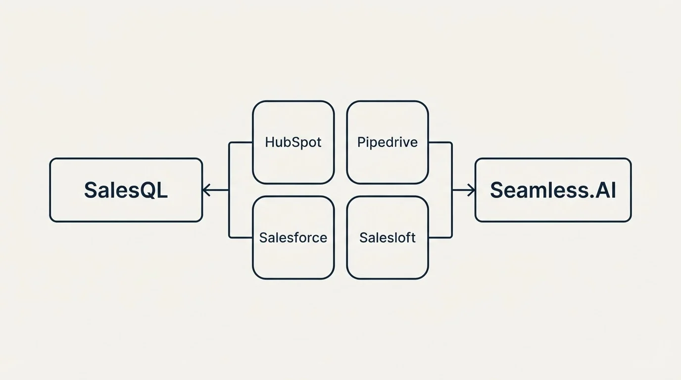 Integration schematic: Integration Ecosystem (SalesQL, Seamless.AI, HubSpot, Pipedrive)
