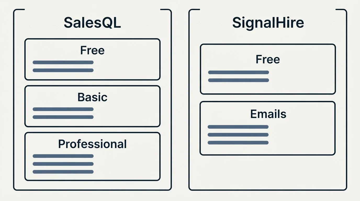 Pricing panels: Pricing Comparison (SalesQL, SignalHire, Free, Basic)