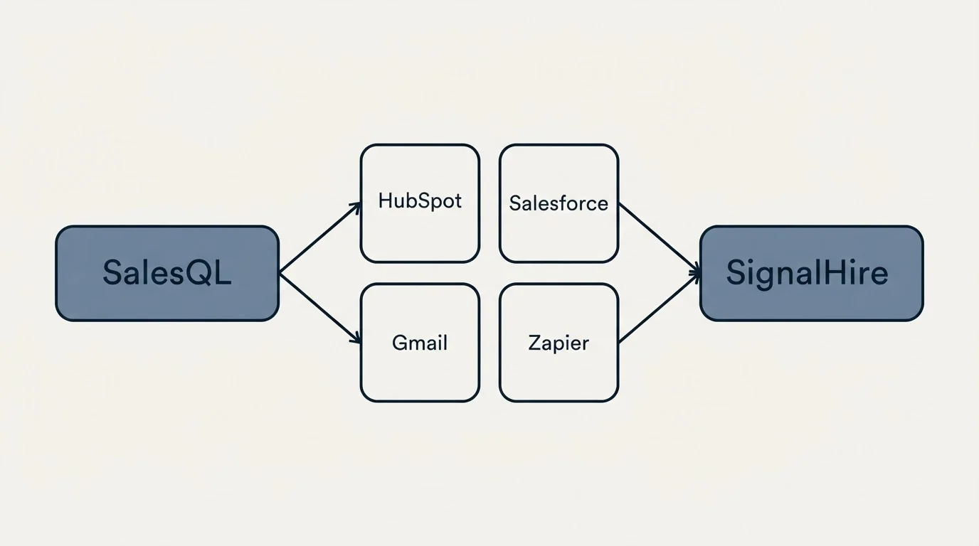 Integration schematic: Integration Ecosystem (SalesQL, SignalHire, HubSpot, Salesforce)