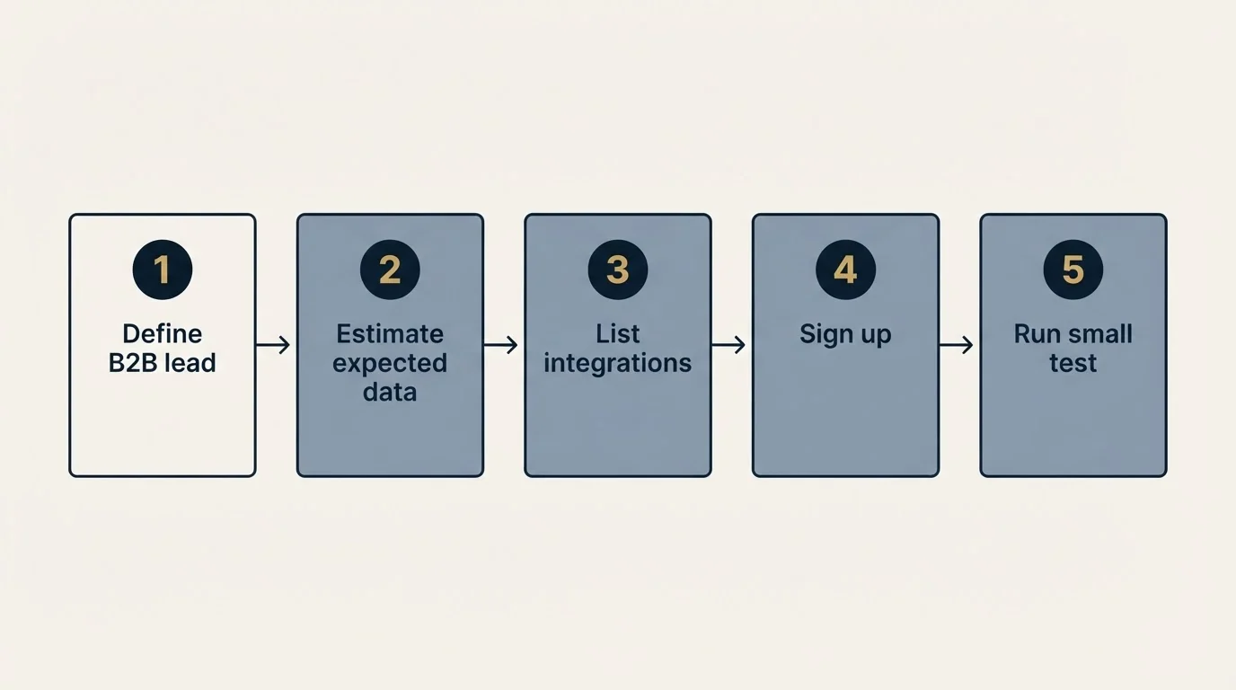 Step sequence: Getting Started Checklist (Define B2B lead, Estimate expected data, List integrations, Sign up)