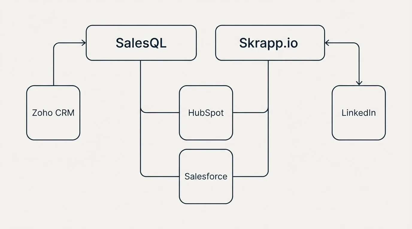 Integration grid: Integration Ecosystem (SalesQL, Skrapp.io, HubSpot, Salesforce)