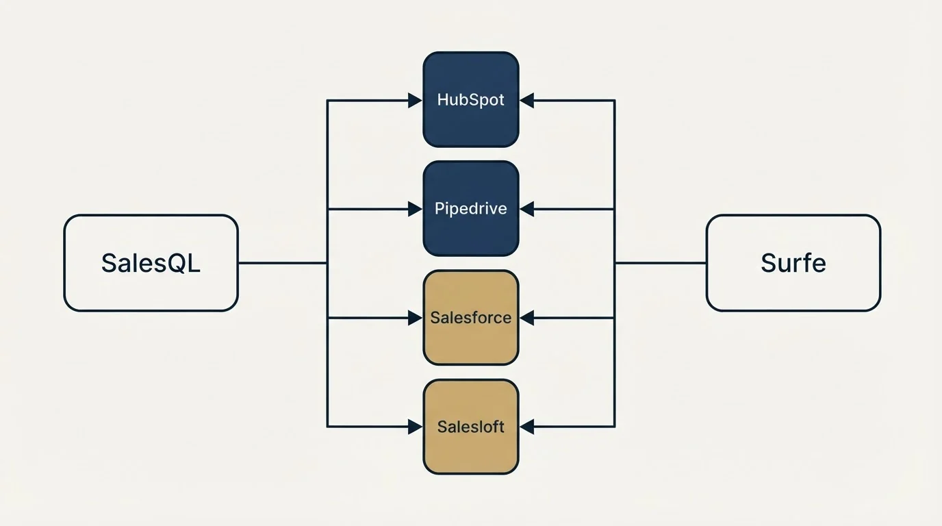 Integration flow: Integration Ecosystem (SalesQL, Surfe, HubSpot, Pipedrive)